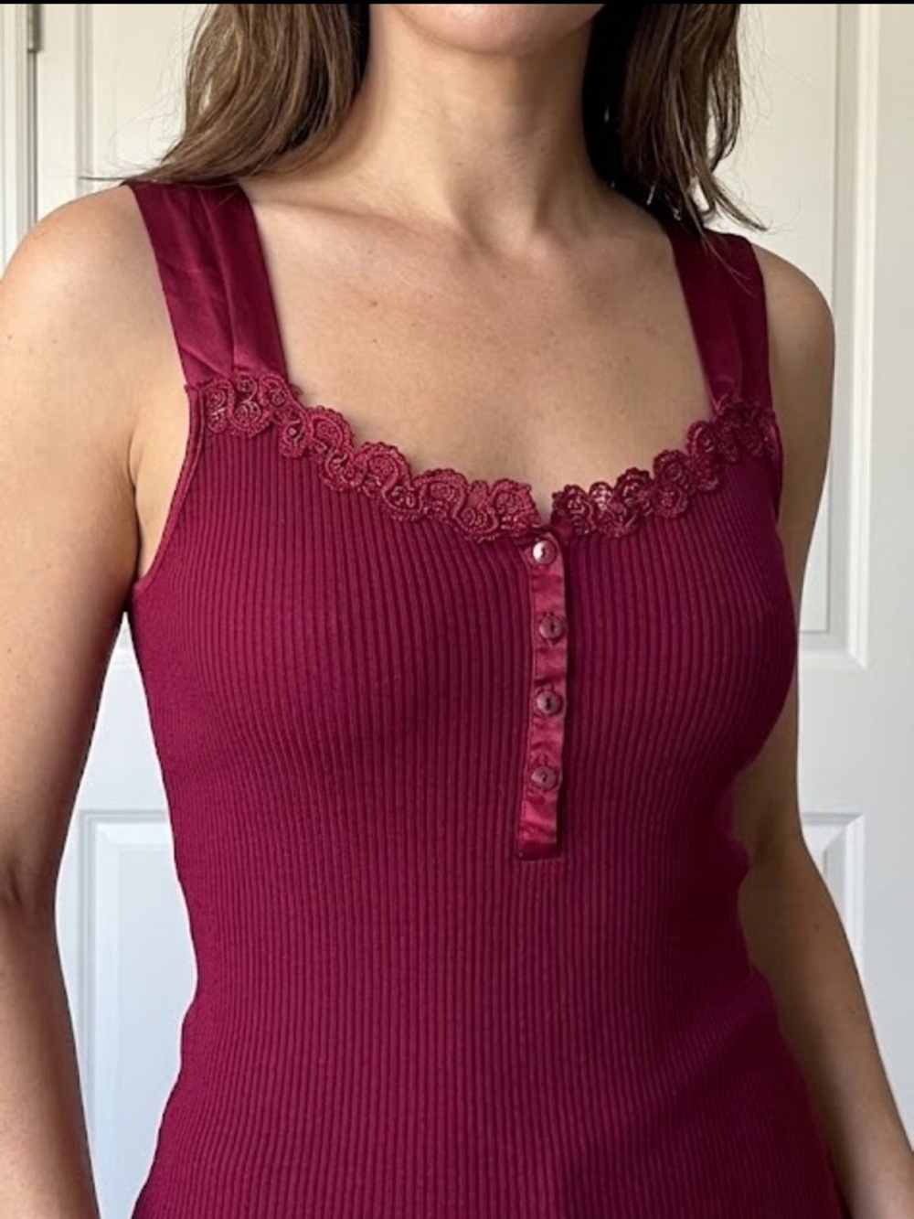 Tristan Satin Straps Lace-Trim Ribbed Silk Camisole - Wine